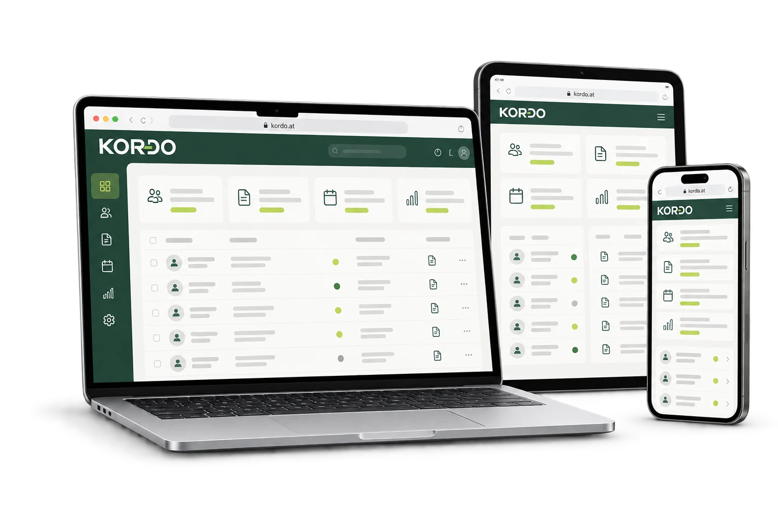 Laptop, Tablet und Smartphone zeigen KORDO jeweils in einem Browserfenster. Die Software passt sich an unterschiedliche Bildschirmgrößen an.